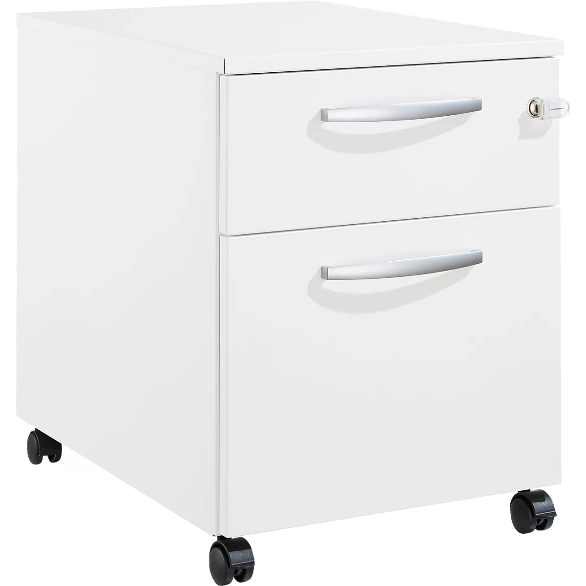 Schäfer Shop Pure Rollcontainer 36, 2 Schubladen, mit extra hohem Stauraumfach, runde Metallgriffe, abschließbar, weiß/weiß