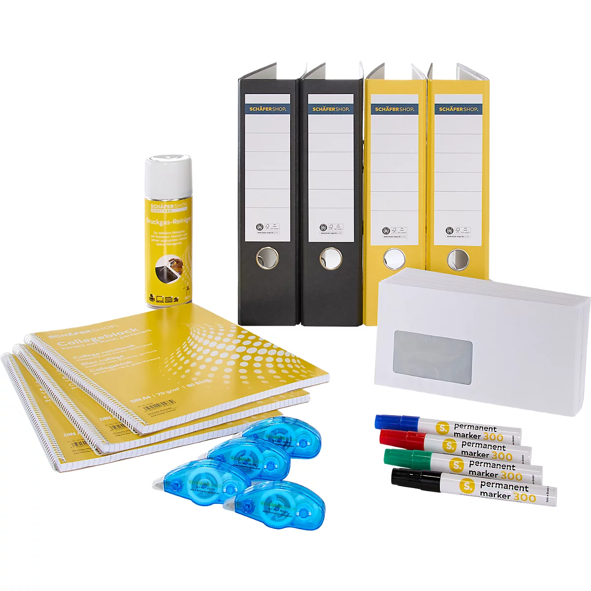 Fournitures de bureau sur fond blanc : classeurs, notes adhésives, correcteurs en rouleau, feutres, enveloppe et spray nettoyant.