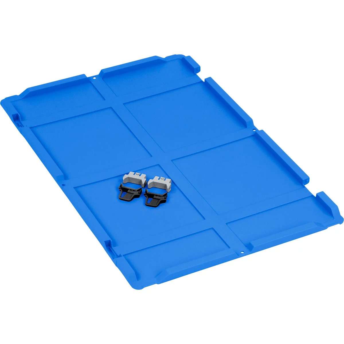 Blaue Kunststoffplatte mit rechteckigen Vertiefungen und zwei kleinen, grau-schwarzen Clips in der Mitte.