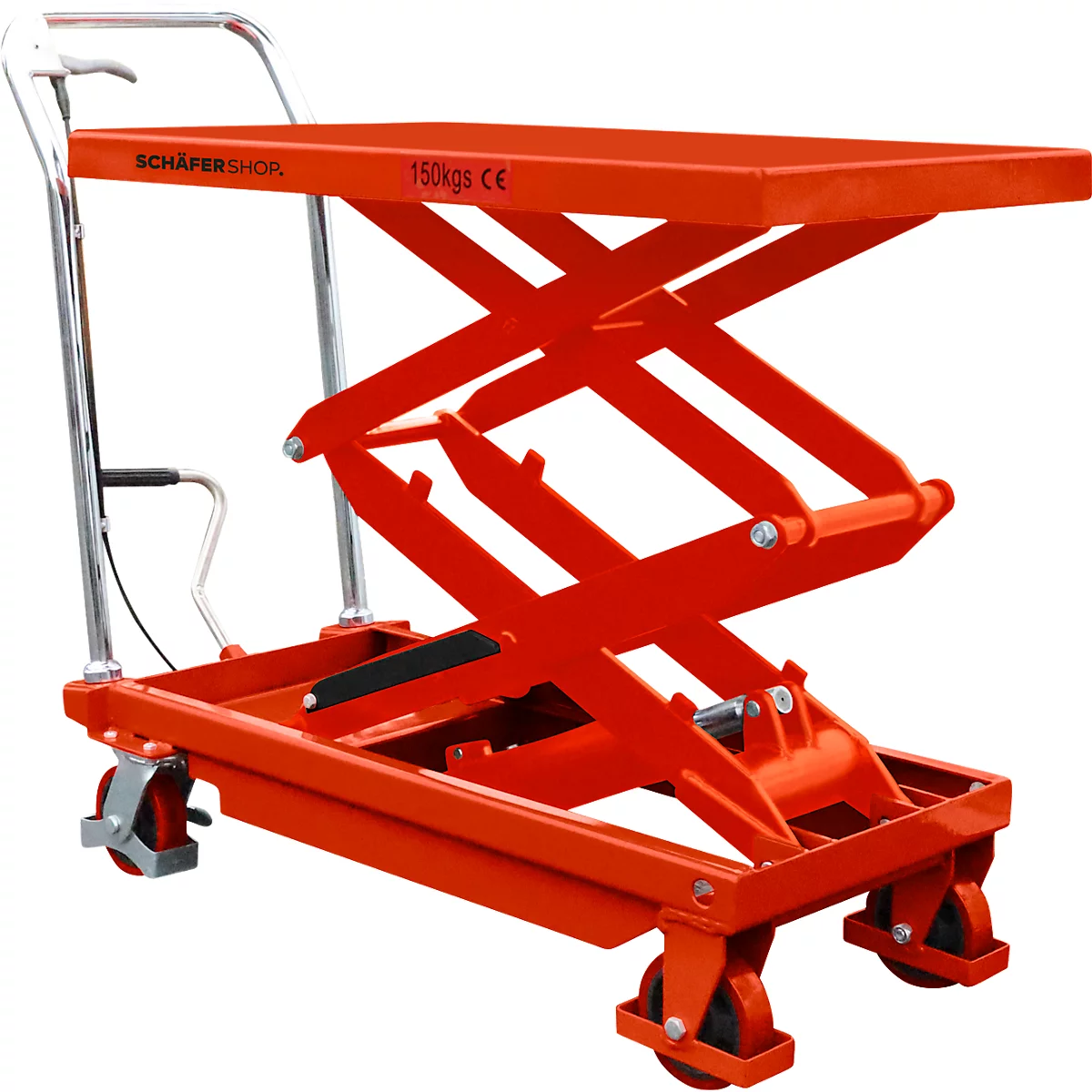 Oranger Scherenhubtisch mit 150 kg Tragkraft, rollbar, auf weißem Hintergrund.