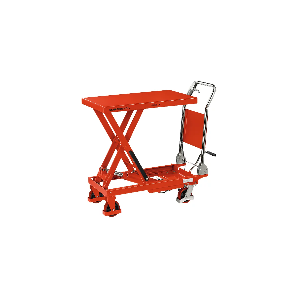 Oranger Scherenhubwagen mit roter Plattform. Sichtbar sind das "Schäfer Shop" Logo und technische Details.