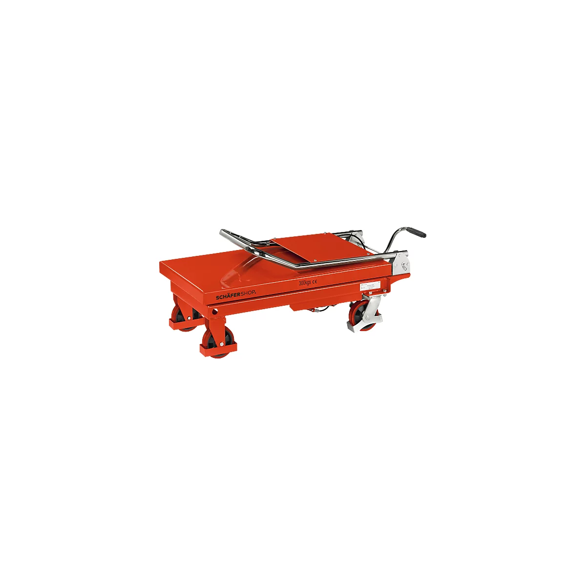 Roter Transportwagen mit silberfarbenem Griff und Rädern. Aufschrift "SCHÄFERSHOP" und "300 kg".