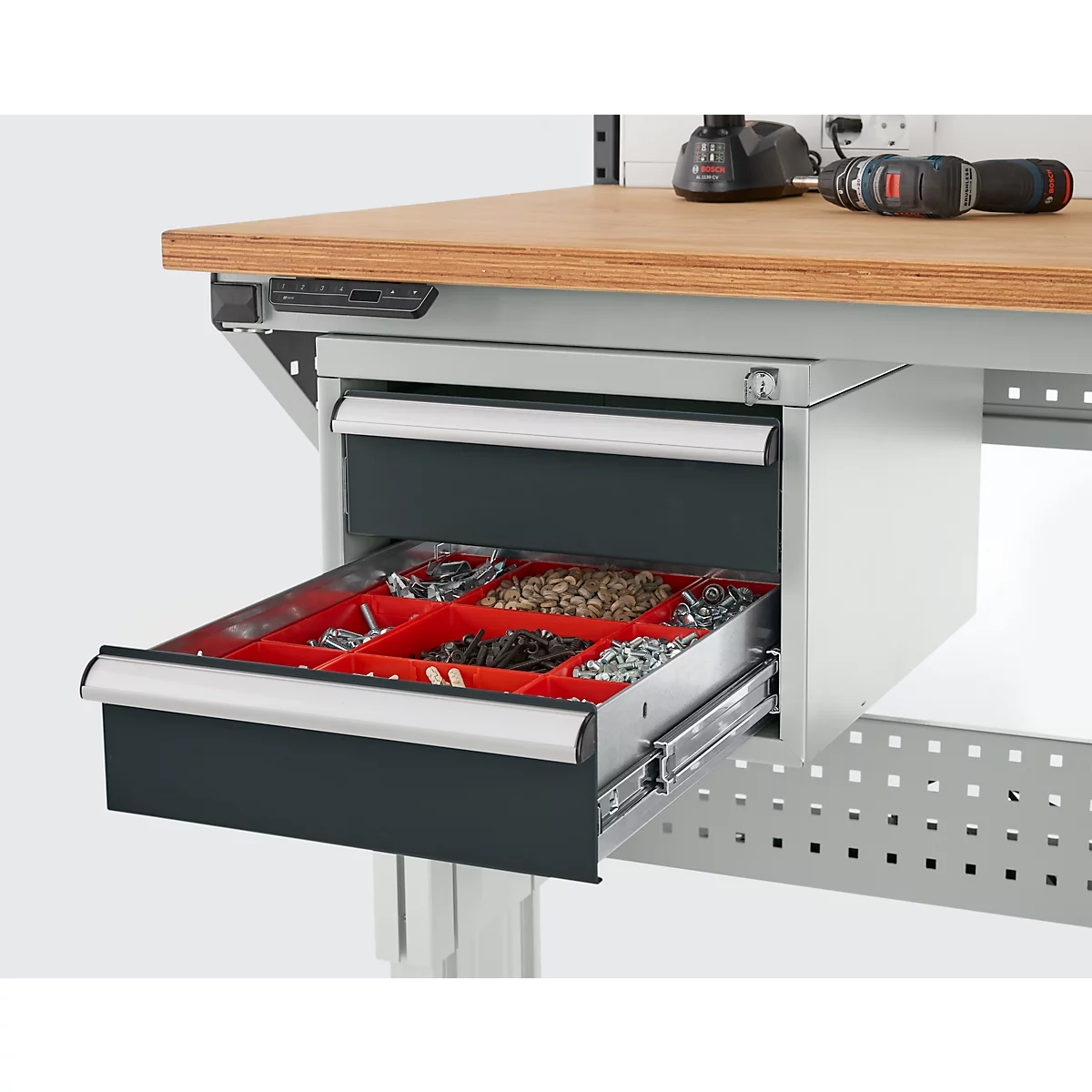 Schäfer Shop Pure Schubladenblock 411, für Arbeitstische AST31, links/rechts montierbar, 2 Schübe, abschliessbar, bis 50 kg, Stahl, lichtgrau/anthrazit