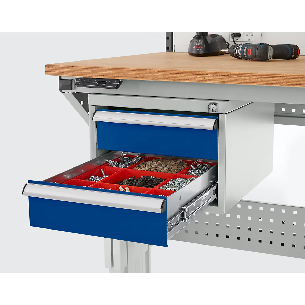 Schäfer Shop Pure Schubladenblock 411, für Arbeitstische AST31, links/rechts montierbar, 2 Schübe, abschliessbar, bis 50 kg, Stahl, lichtgrau/enzianblau