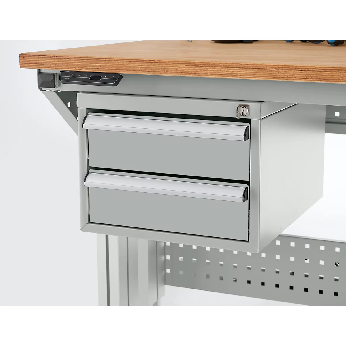 Schäfer Shop Pure Schubladenblock 411, für Arbeitstische AST31, links/rechts montierbar, 2 Schübe, abschliessbar, bis 50 kg, Stahl, lichtgrau/lichtgrau