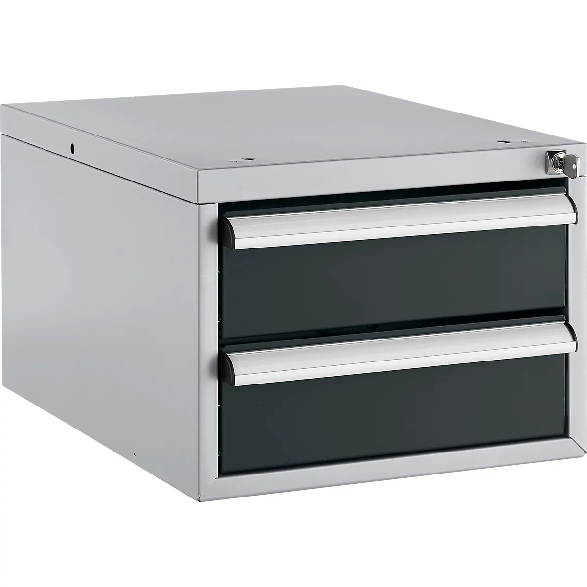 Schäfer Shop Pure Schubladenblock 411, für Arbeitstische AST31, links/rechts montierbar, 2 Schübe, abschliessbar, bis 50 kg, Stahl, weissaluminium/anthrazit