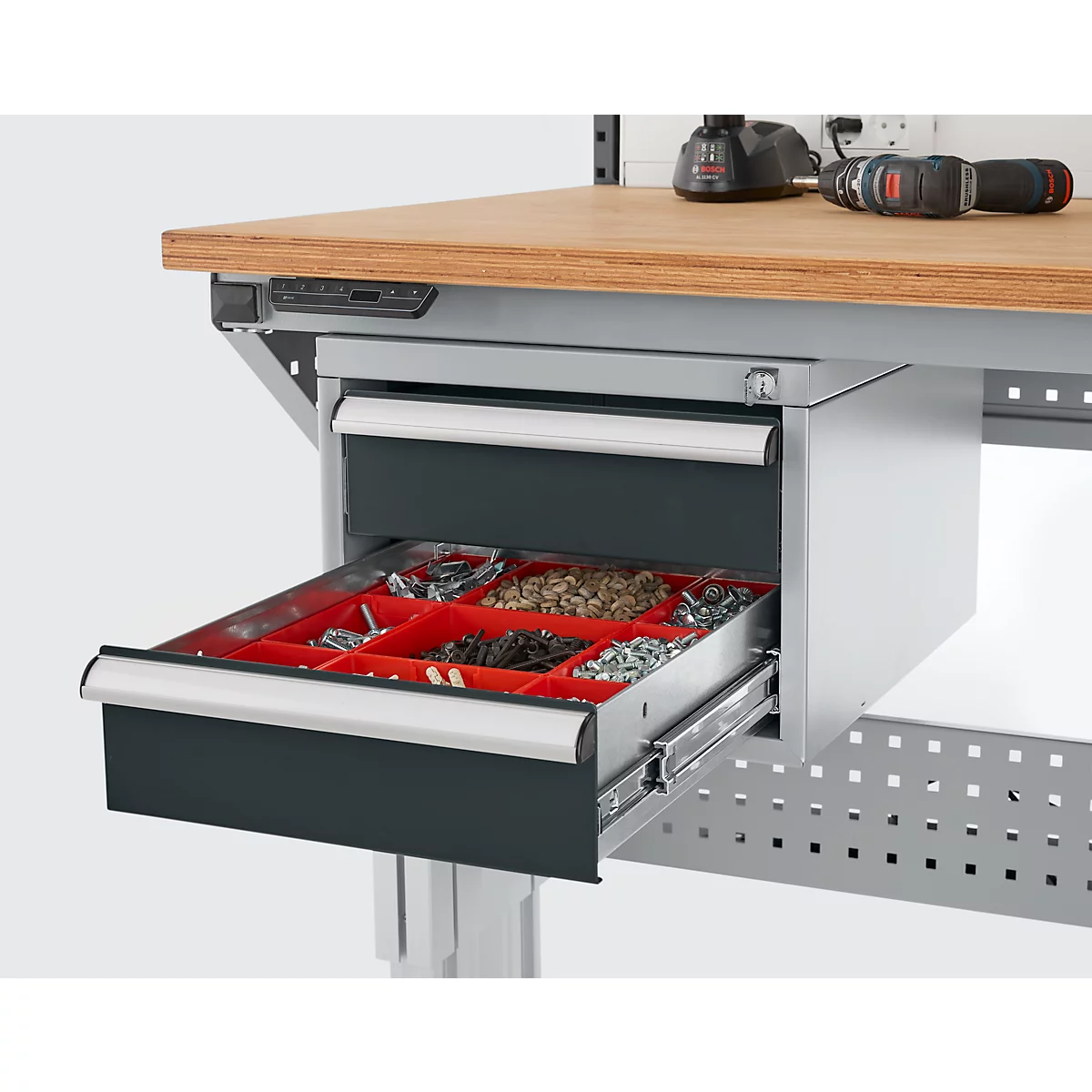 Schäfer Shop Pure Schubladenblock 411, für Arbeitstische AST31, links/rechts montierbar, 2 Schübe, abschliessbar, bis 50 kg, Stahl, weissaluminium/anthrazit