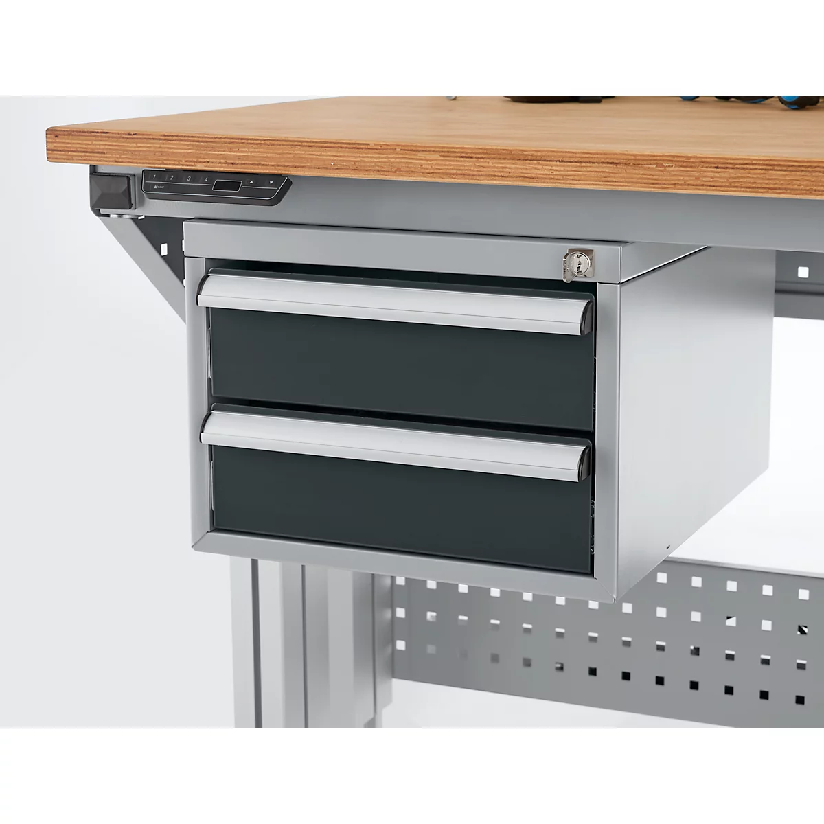 Schäfer Shop Pure Schubladenblock 411, für Arbeitstische AST31, links/rechts montierbar, 2 Schübe, abschliessbar, bis 50 kg, Stahl, weissaluminium/anthrazit