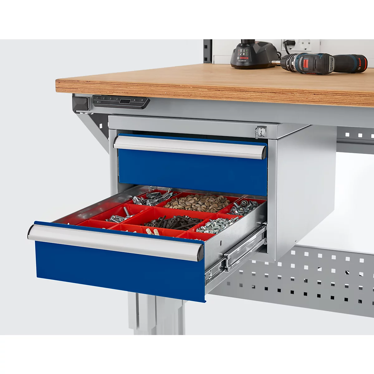 Schäfer Shop Pure Schubladenblock 411, für Arbeitstische AST31, links/rechts montierbar, 2 Schübe, abschliessbar, bis 50 kg, Stahl, weissaluminium/enzianblau