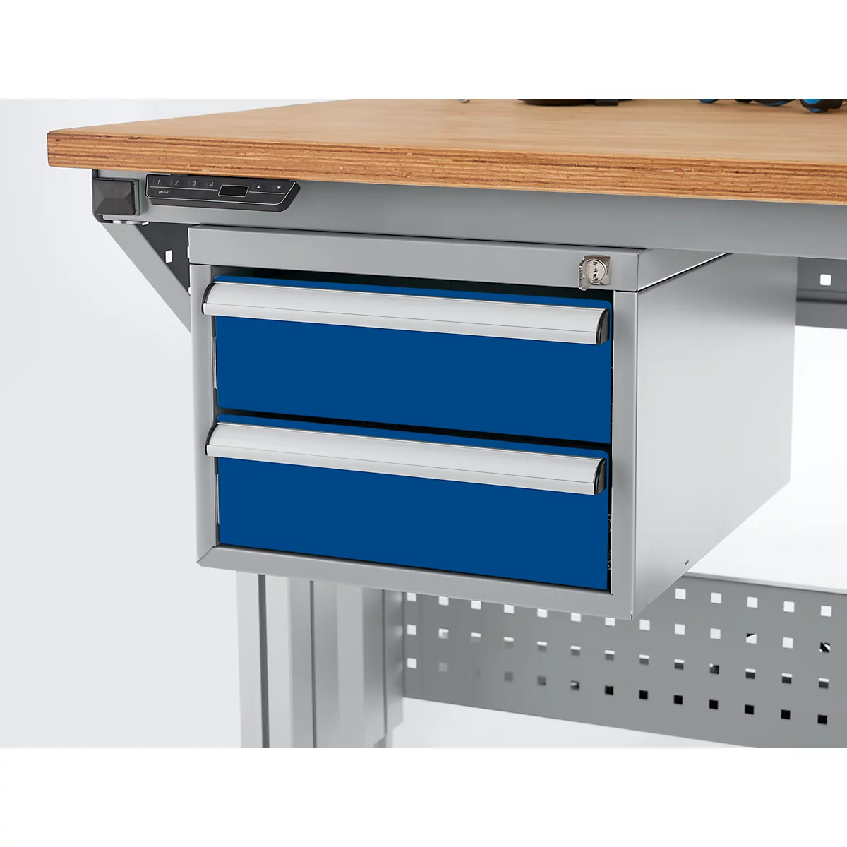Schäfer Shop Pure Schubladenblock 411, für Arbeitstische AST31, links/rechts montierbar, 2 Schübe, abschliessbar, bis 50 kg, Stahl, weissaluminium/enzianblau