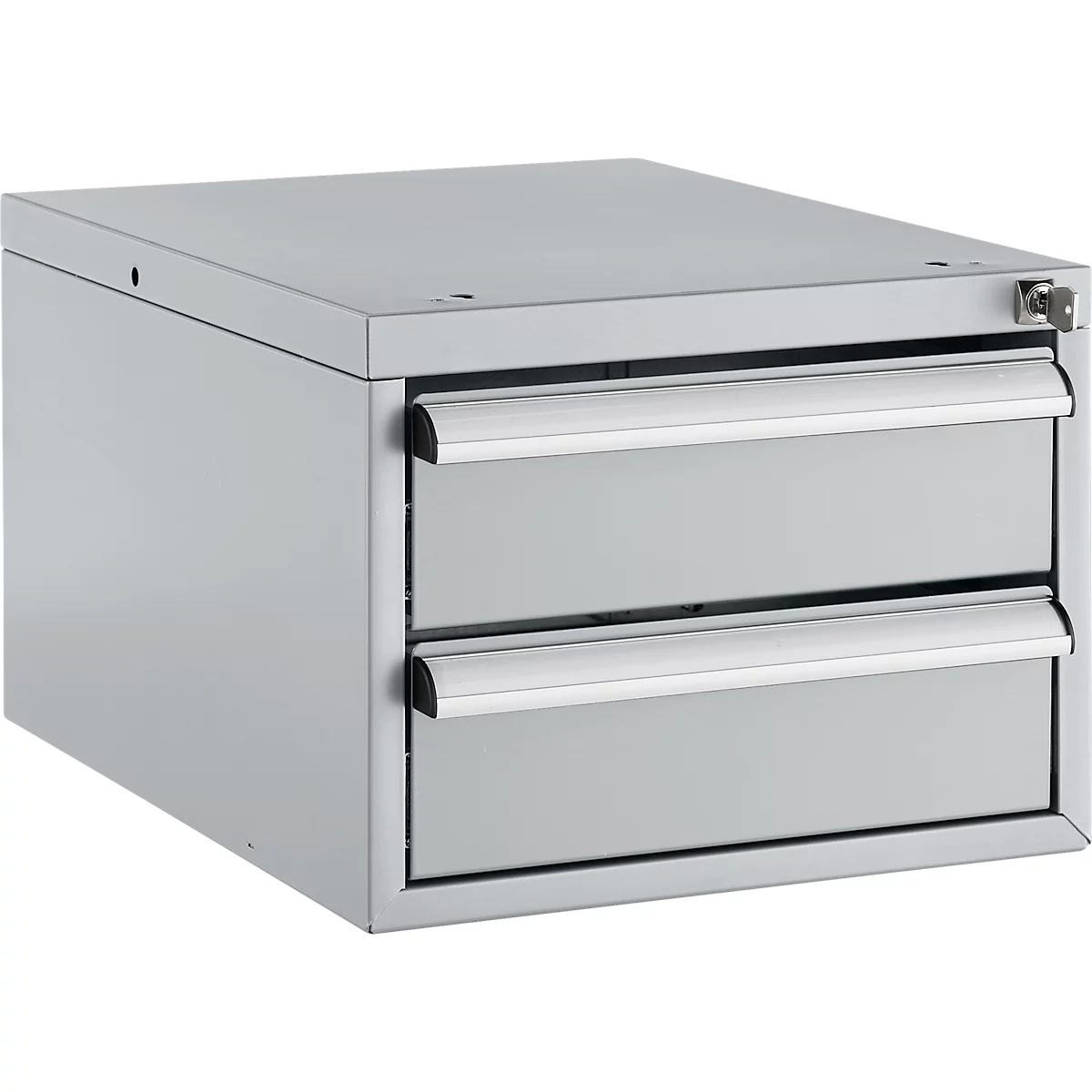 Schäfer Shop Pure Schubladenblock 411, für Arbeitstische AST31, links/rechts montierbar, 2 Schübe, abschliessbar, bis 50 kg, Stahl, weissaluminium/weissaluminium