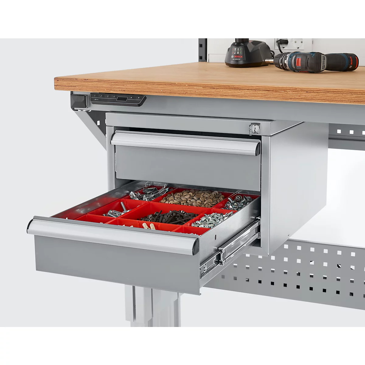 Schäfer Shop Pure Schubladenblock 411, für Arbeitstische AST31, links/rechts montierbar, 2 Schübe, abschliessbar, bis 50 kg, Stahl, weissaluminium/weissaluminium
