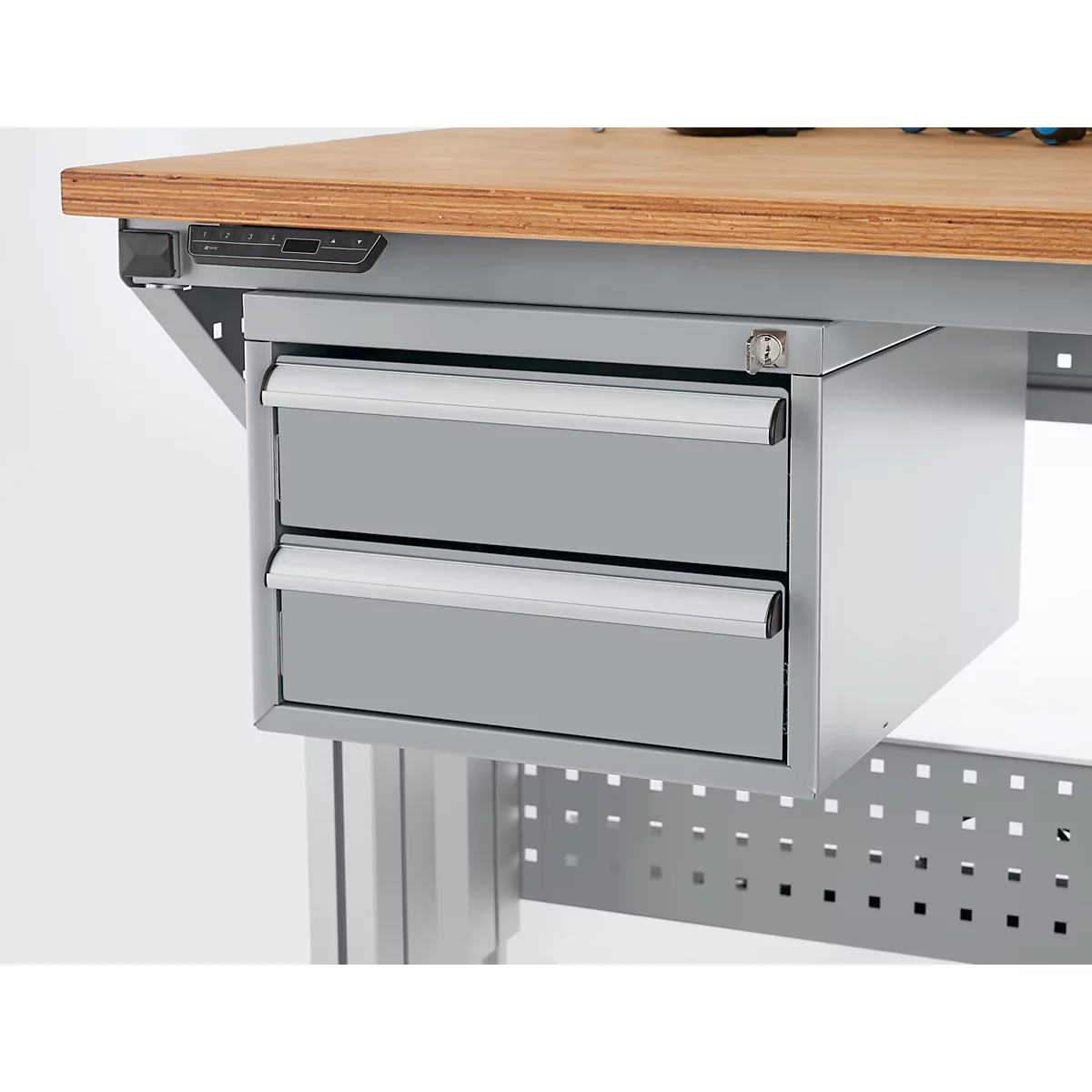 Schäfer Shop Pure Schubladenblock 411, für Arbeitstische AST31, links/rechts montierbar, 2 Schübe, abschliessbar, bis 50 kg, Stahl, weissaluminium/weissaluminium