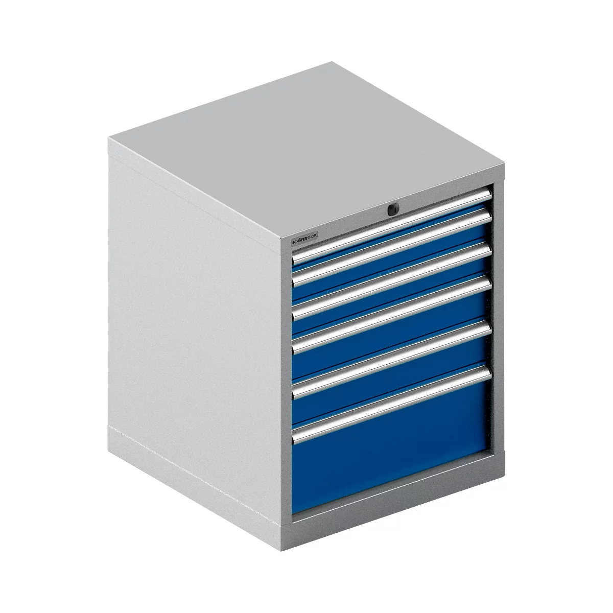 Werkzeugschrank in Grau mit blauen Schubladen und silbernen Griffen.
