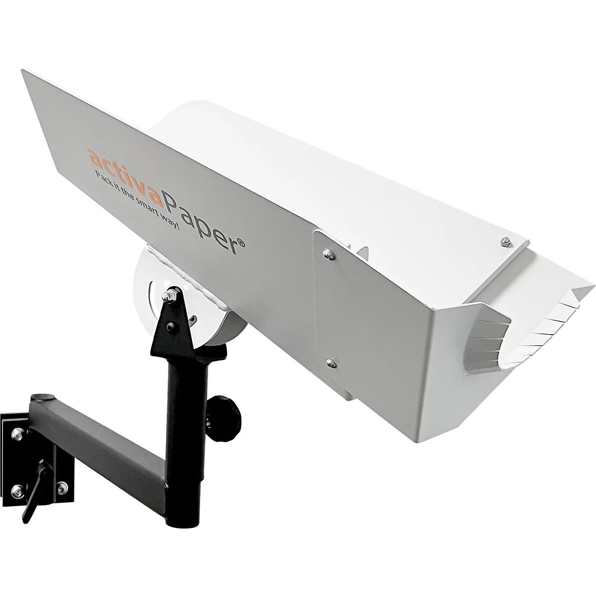 Weißer Papierausgabespender, an schwarzem Arm montiert. Aufschrift: activaPaper.