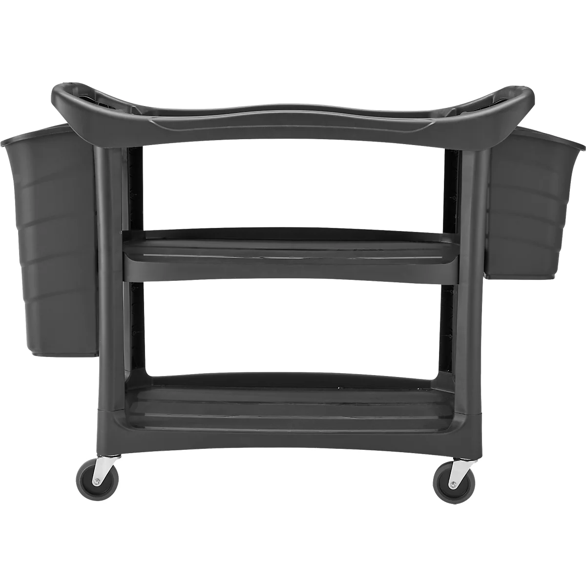 Chariot de nettoyage noir avec trois niveaux, deux seaux latéraux et quatre roues.