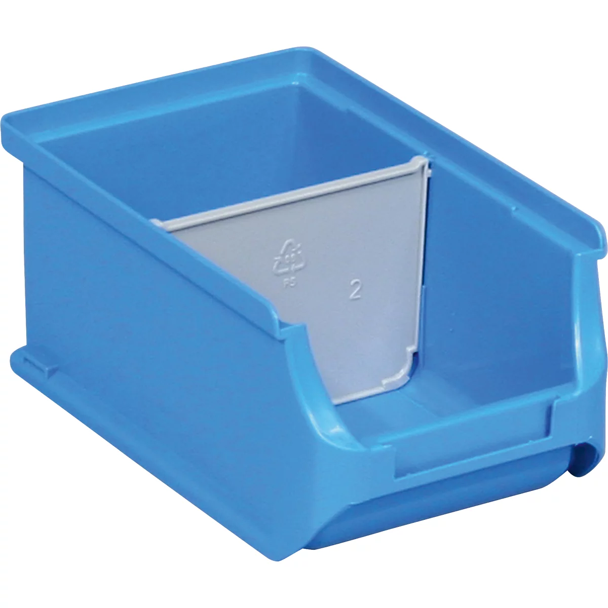 Bac de rangement bleu en plastique avec une cloison grise au centre.