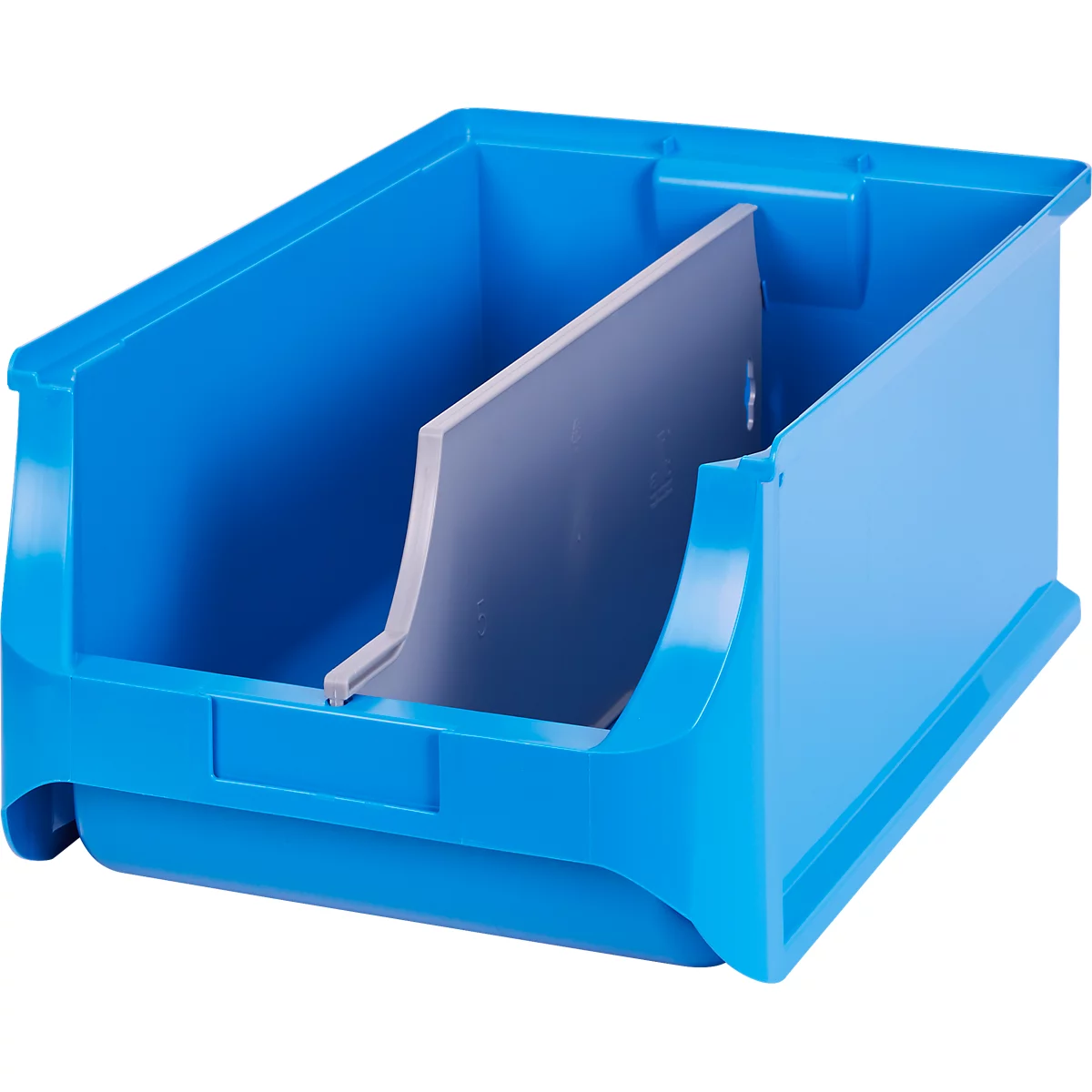 Blaue Sichtlagerbox aus Kunststoff mit einer grauen Trennwand mittig eingesetzt.