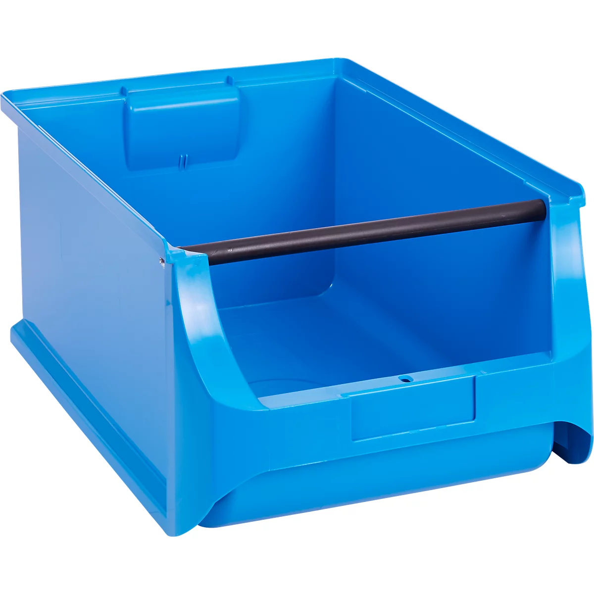 Blaue Sichtlagerbox aus Kunststoff mit schwarzer Querstrebe vor weißem Hintergrund.