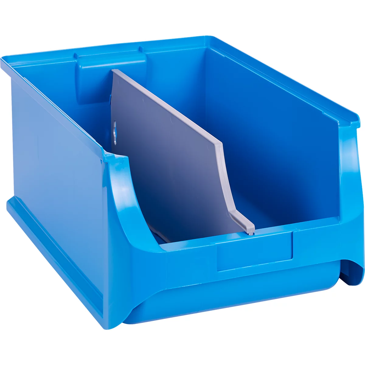Blaue Sichtlagerbox aus Kunststoff mit einer grauen Trennwand in der Mitte vor weißem Hintergrund.