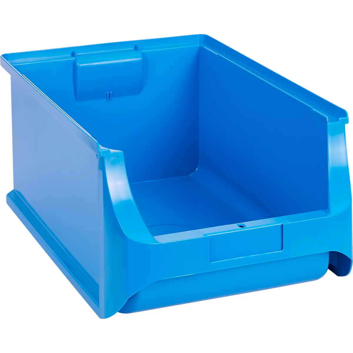 Eine leere, blaue Sichtlagerbox aus Kunststoff vor weißem Hintergrund.