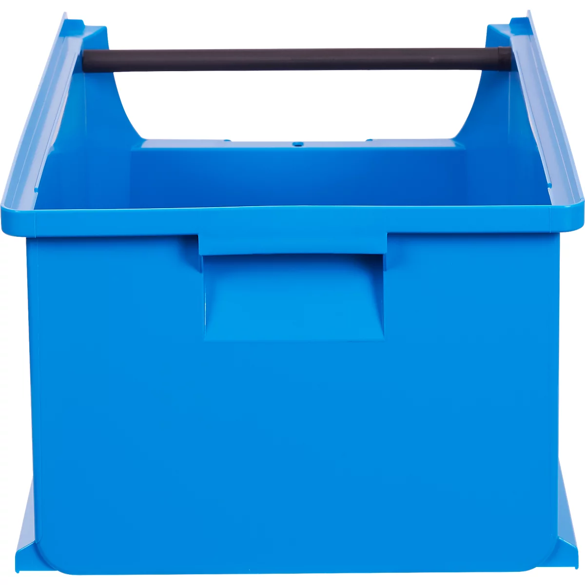 Blaue Kunststoffbox mit offenem Oberteil und einem horizontalen schwarzen Tragegriff.