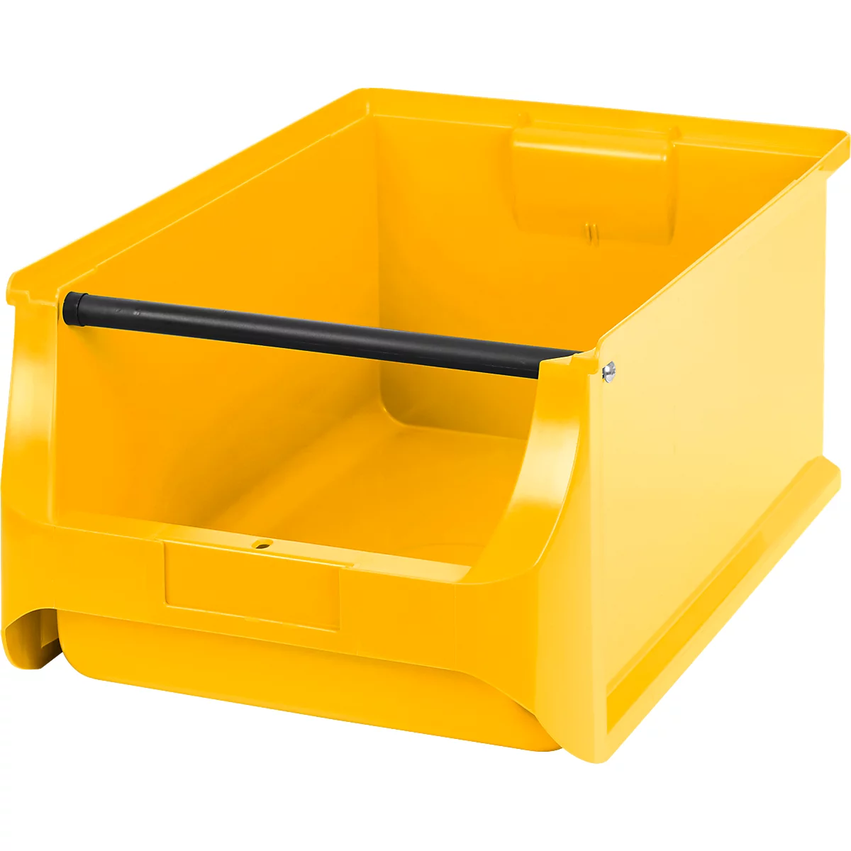 Gelbe Kunststoff-Sichtlagerbox mit schwarzer Metall-Griffstange vor weißem Hintergrund.