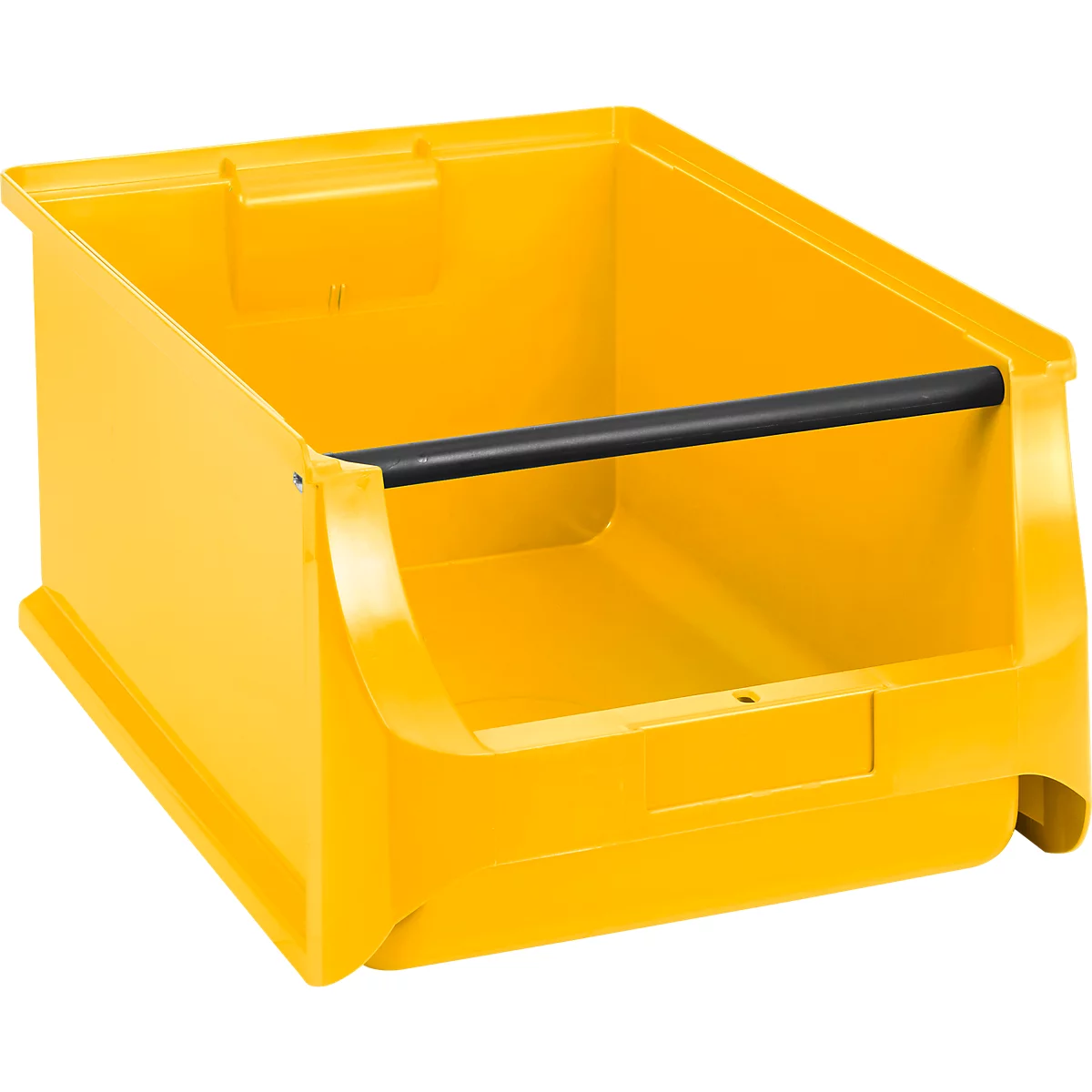 Eine gelbe, offene Kunststoff-Sichtlagerbox mit einer schwarzen Querstange an der Vorderseite.
