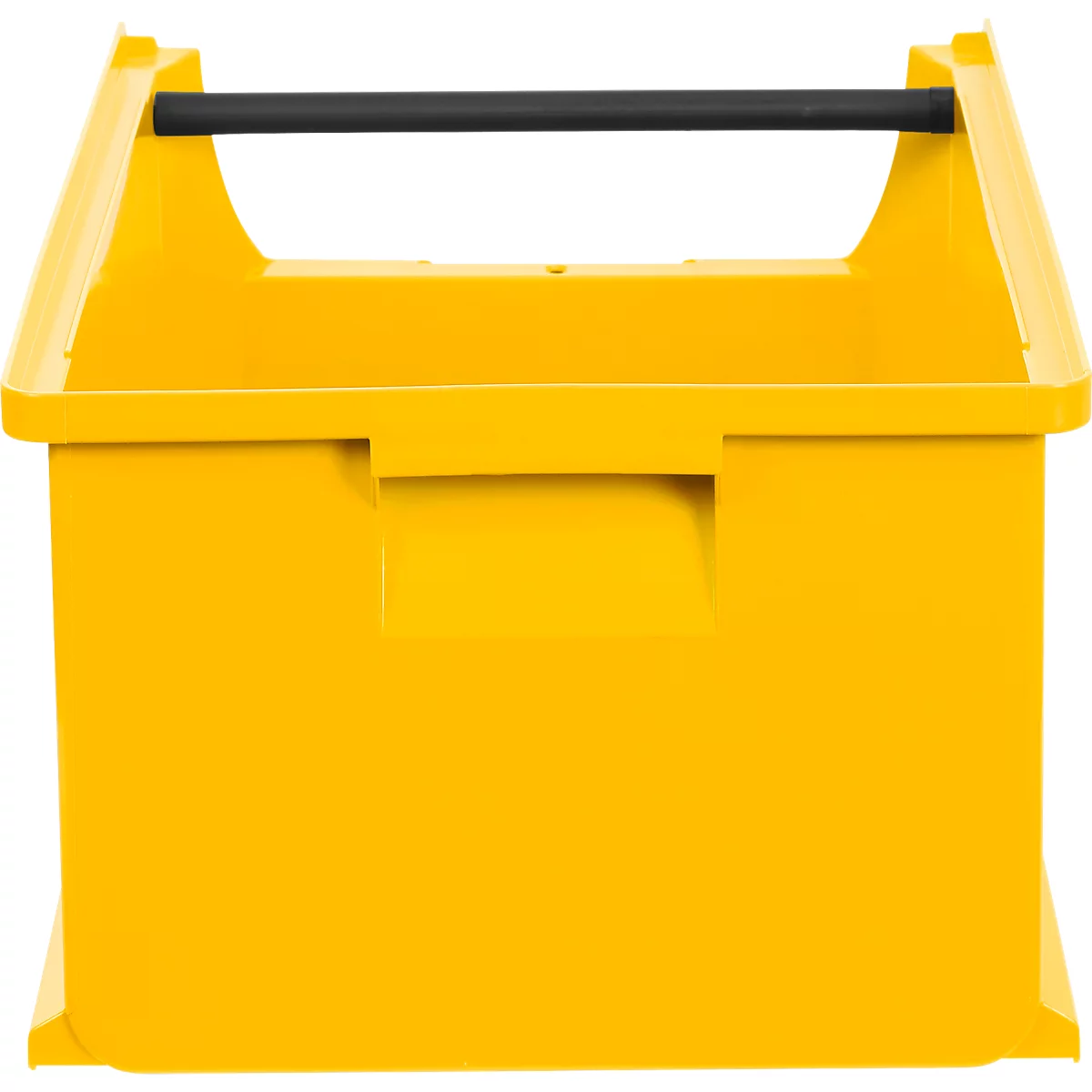 Gelbe Kunststoff-Transportbox mit schwarzem Tragegriff vor weißem Hintergrund.