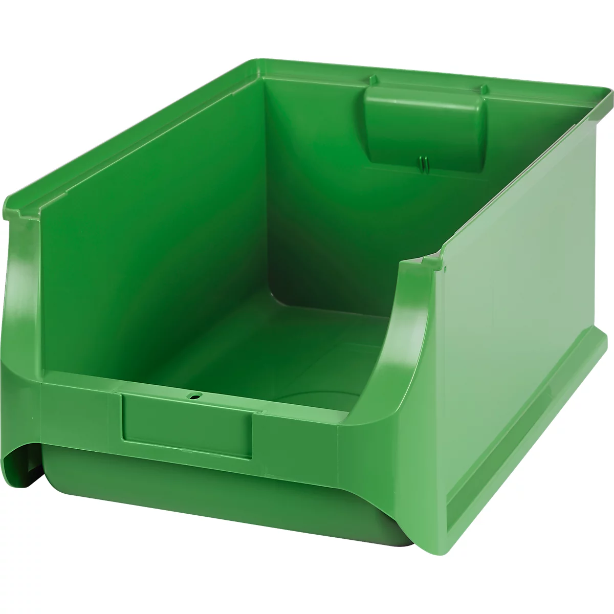 Leere grüne Sichtlagerbox aus Kunststoff vor neutralem Hintergrund.
