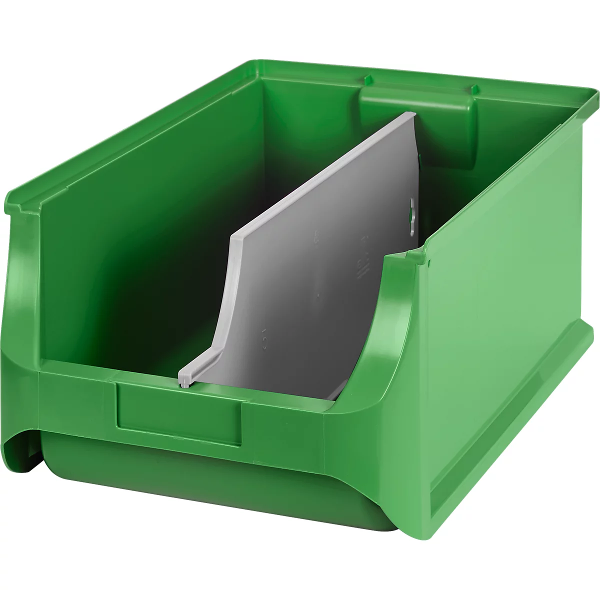 Grüne Sichtlagerbox mit einem grauen Trennwandelement im Innenraum.