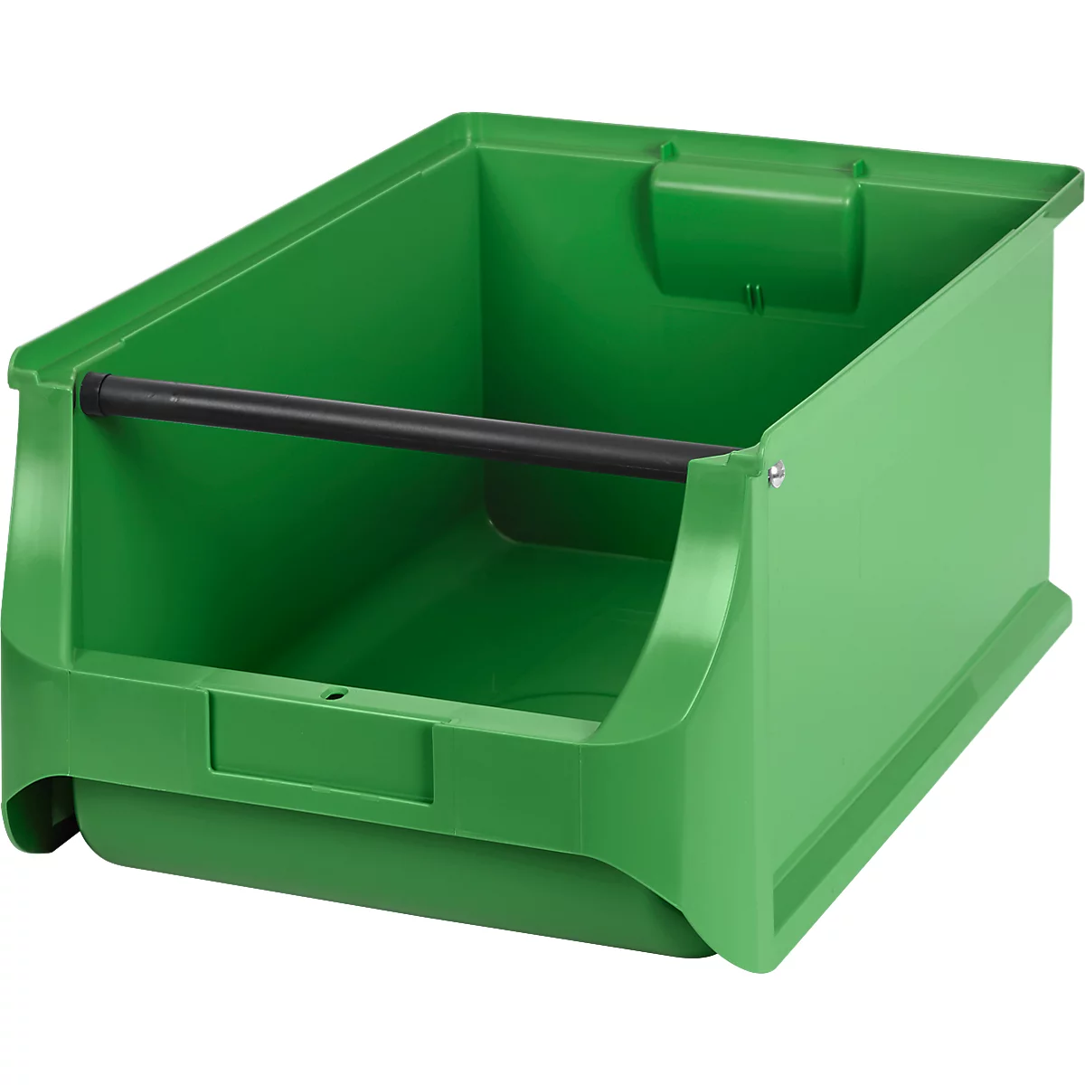 Grüne Kunststoff-Sichtlagerbox mit schwarzer Metallstrebe vorne auf weißem Hintergrund.