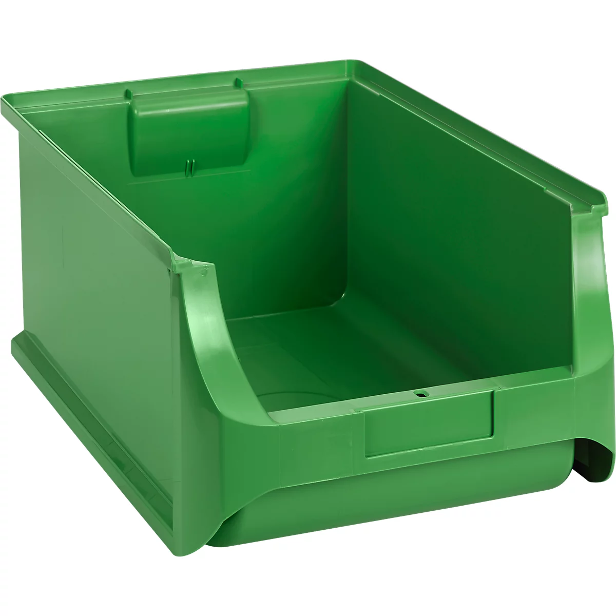 Leere, grüne Sichtlagerbox aus Kunststoff für die organisierte Lagerung von Kleinteilen.