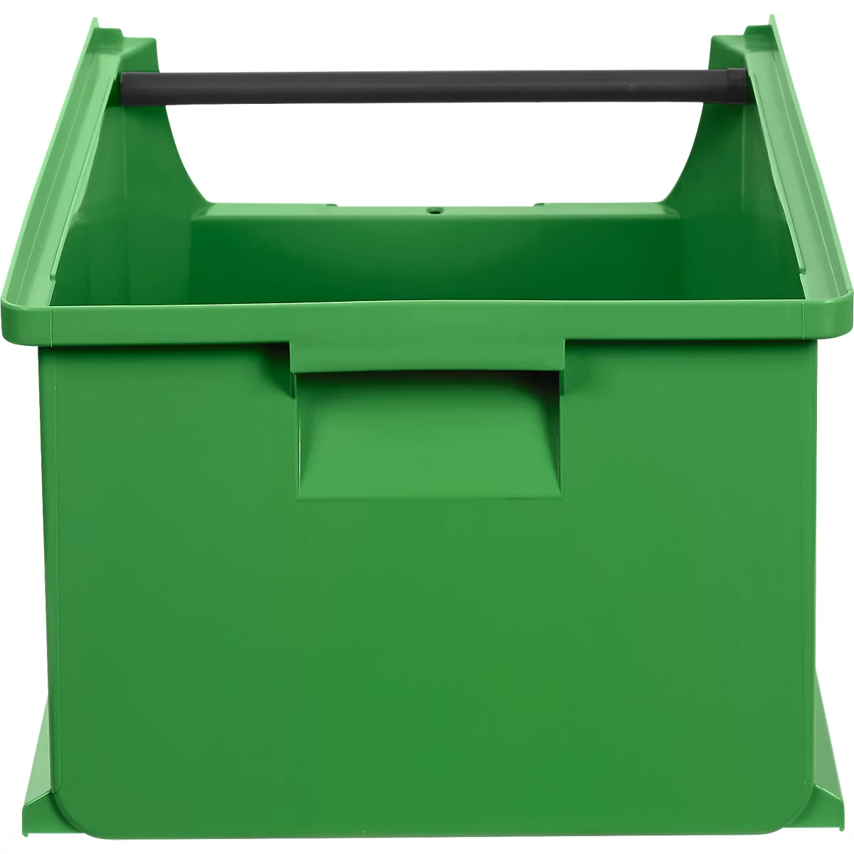 Grüne Kunststoff-Tragebox mit schwarzem Griff vor neutralem Hintergrund.