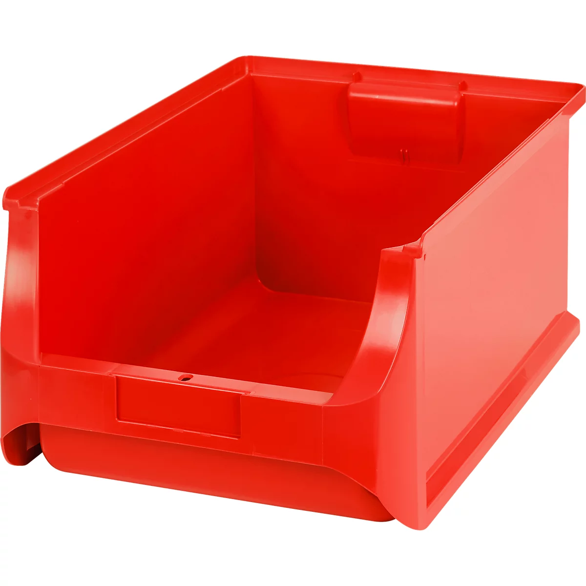 Eine rote, offene Sichtlagerbox aus Kunststoff auf weißem Hintergrund.