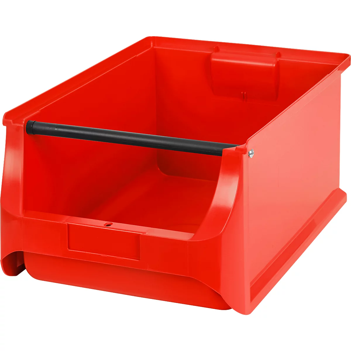 Rote Kunststoff-Sichtlagerbox mit schwarzer Frontstange auf weißem Hintergrund.