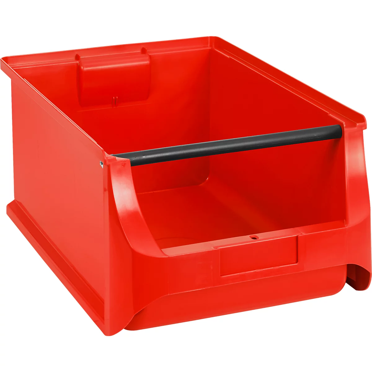 Rote, offene Kunststoff-Sichtlagerbox mit einer schwarzen Querstange an der Vorderseite.
