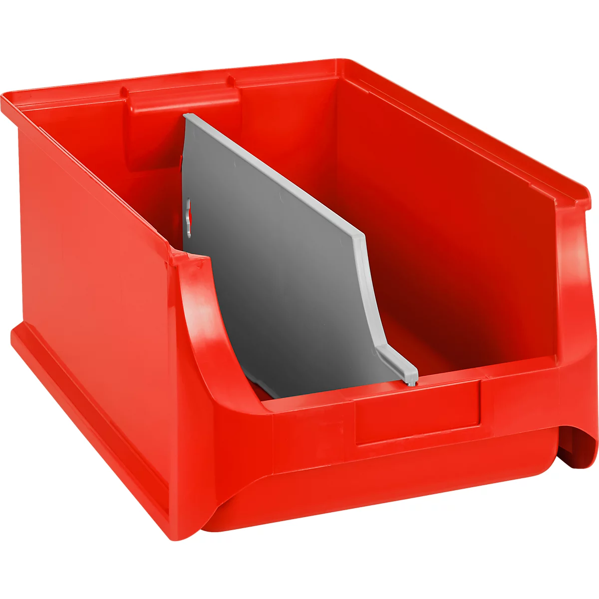 Rote Sichtlagerbox aus Kunststoff mit einer grauen Trennwand im Inneren vor weißem Hintergrund.