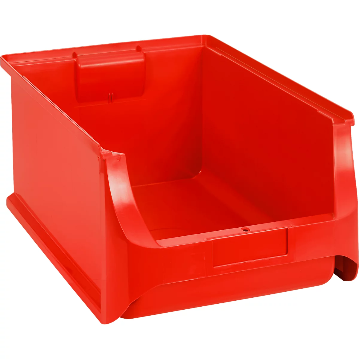 Leere, rote Sichtlagerbox aus Kunststoff mit offener Vorderseite.