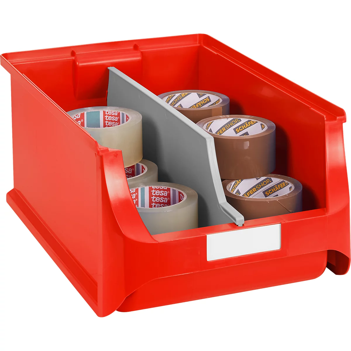 Rote Sichtlagerbox mit Trennwand, gefüllt mit verschiedenen Klebebandrollen.