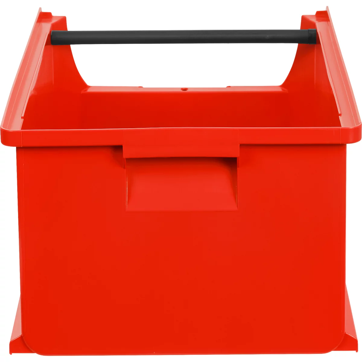Rote, offene Kunststoff-Aufbewahrungsbox mit schwarzem Tragegriff vor weißem Hintergrund.