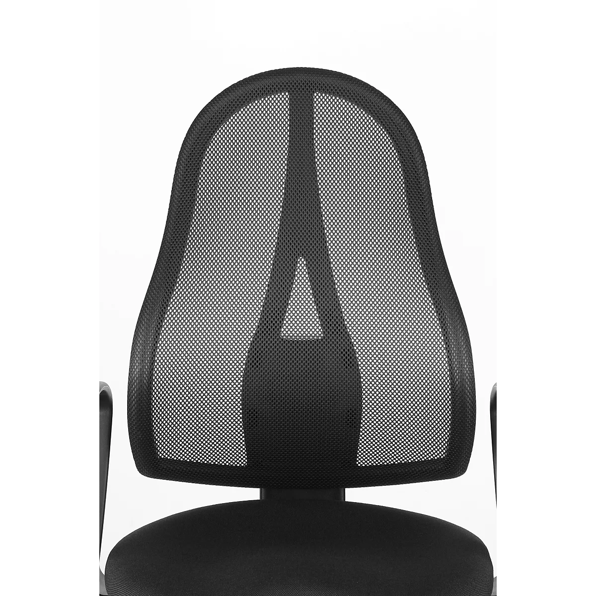 Le dossier d'une chaise de bureau noire avec tissu en mesh. L'accent est mis sur la forme ergonomique et le design.