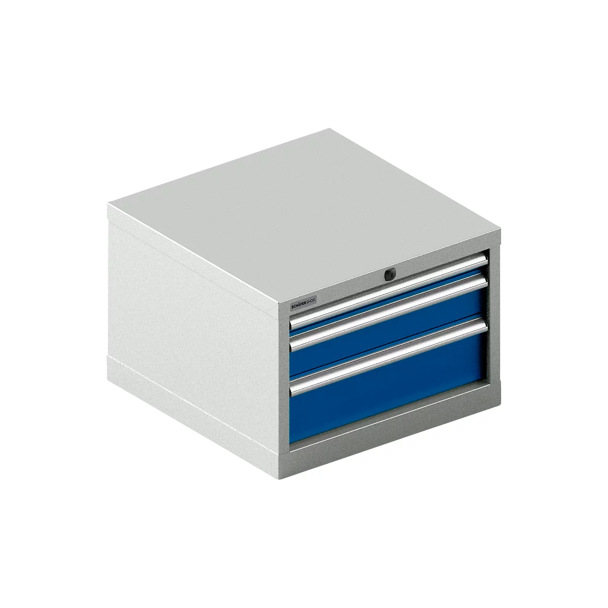 Grijze gereedschapskast met blauwe lades en chromen handgrepen. Een sleutel staat in het midden.