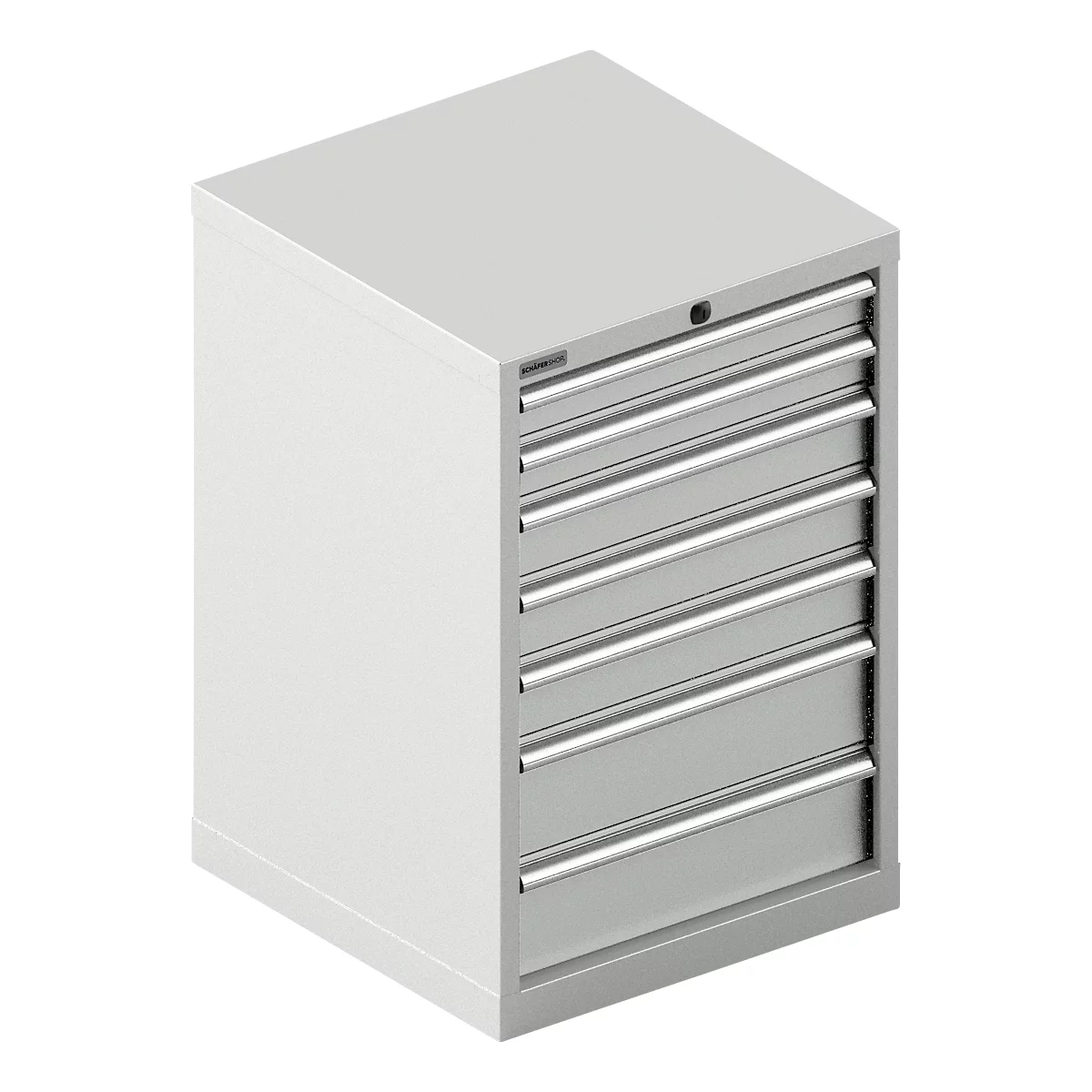 Grijze gereedschapskast met zes lades. Horizontale, zilveren handgrepen. Rechthoekig, rechtopstaand.