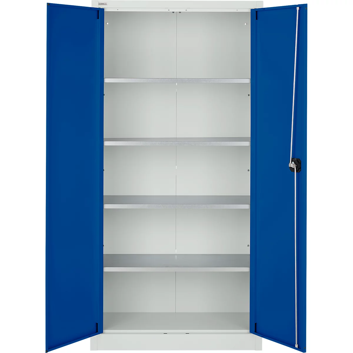 Weißer Schrank mit blauen Türen und vier Einlegeböden. Beide Türen sind geöffnet.
