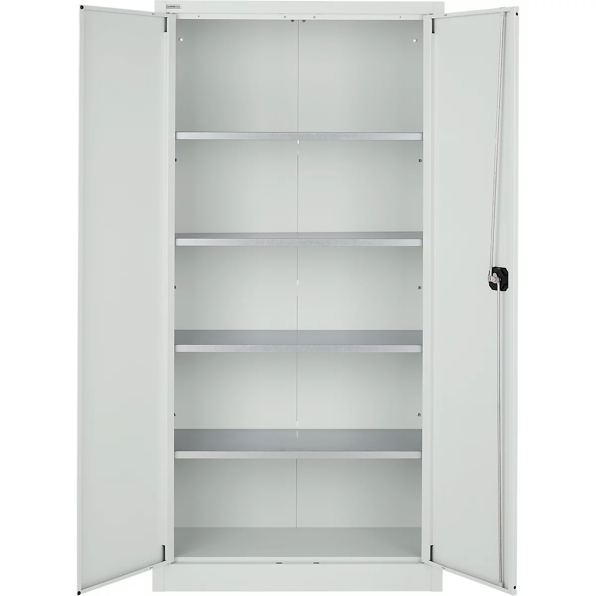Weißer Stahlschrank mit geöffneten Türen. Fünf Fachböden sind im Inneren zu sehen.