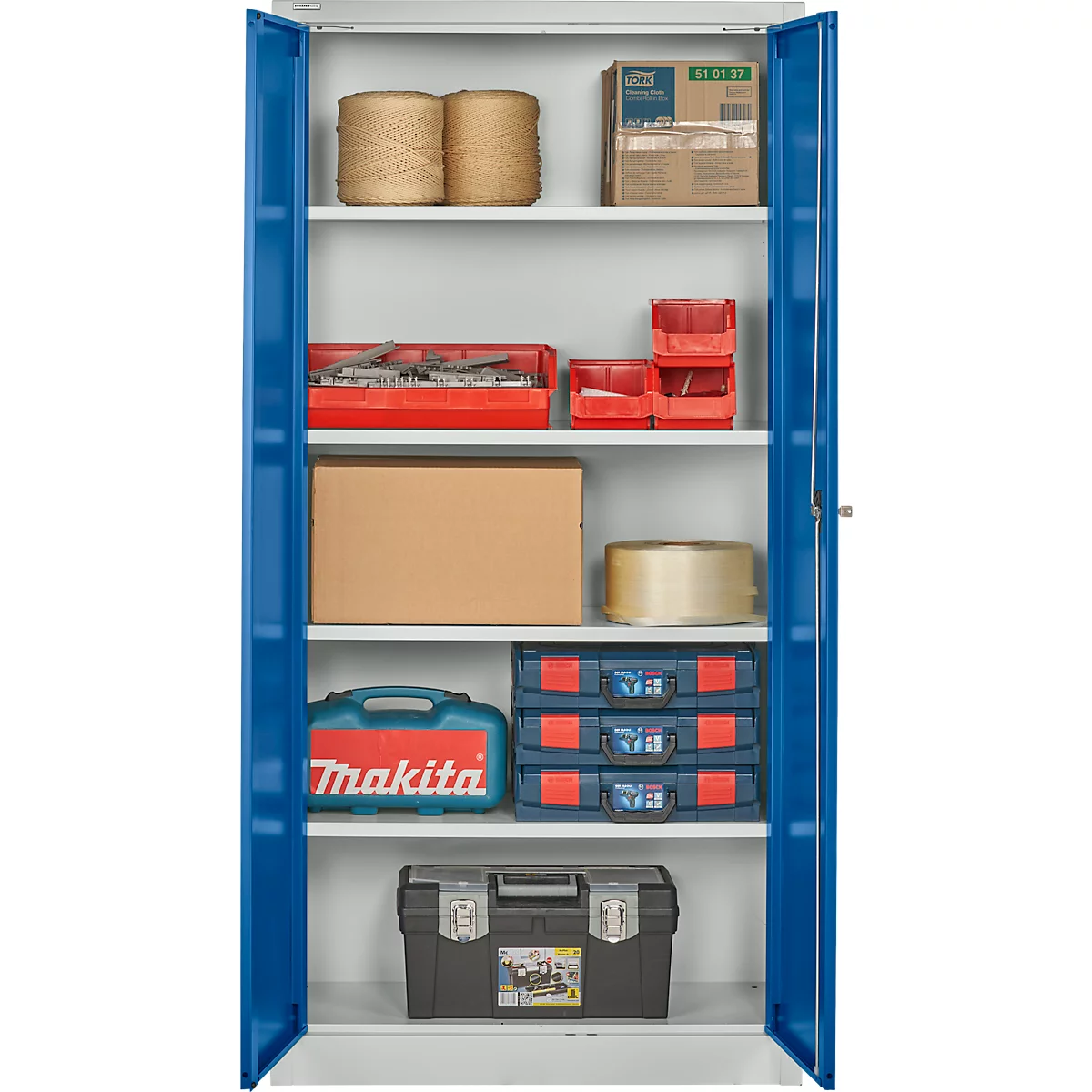 Schäfer Shop Pure Stahlschrank, Stahl, abschließbar, T 400 x H 1935 x B 950 mm, 5 OH, lichtgrau/enzianblau