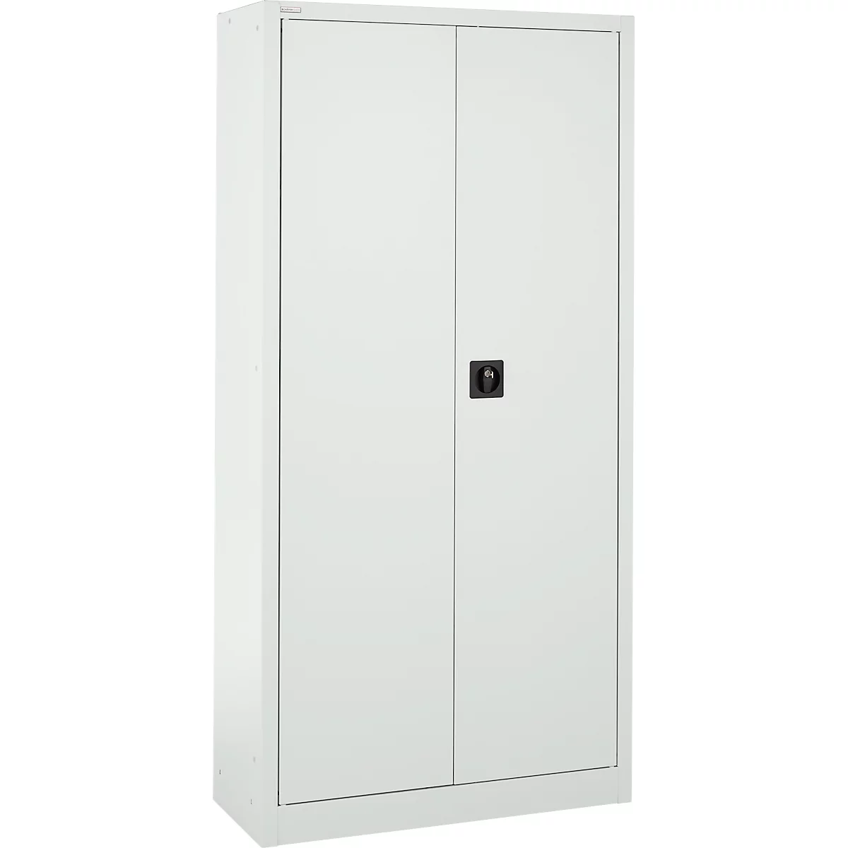 Een witte stalen kast met twee deuren en een zwarte handgreep.