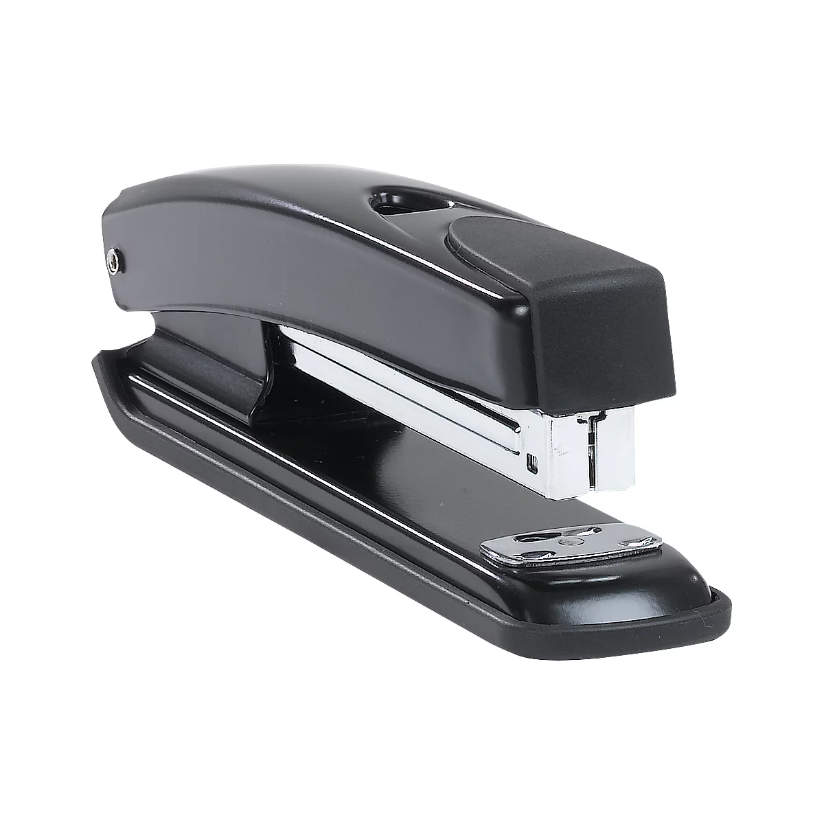 Black stapler lying on a white surface. The stapler is made of metal and plastic.