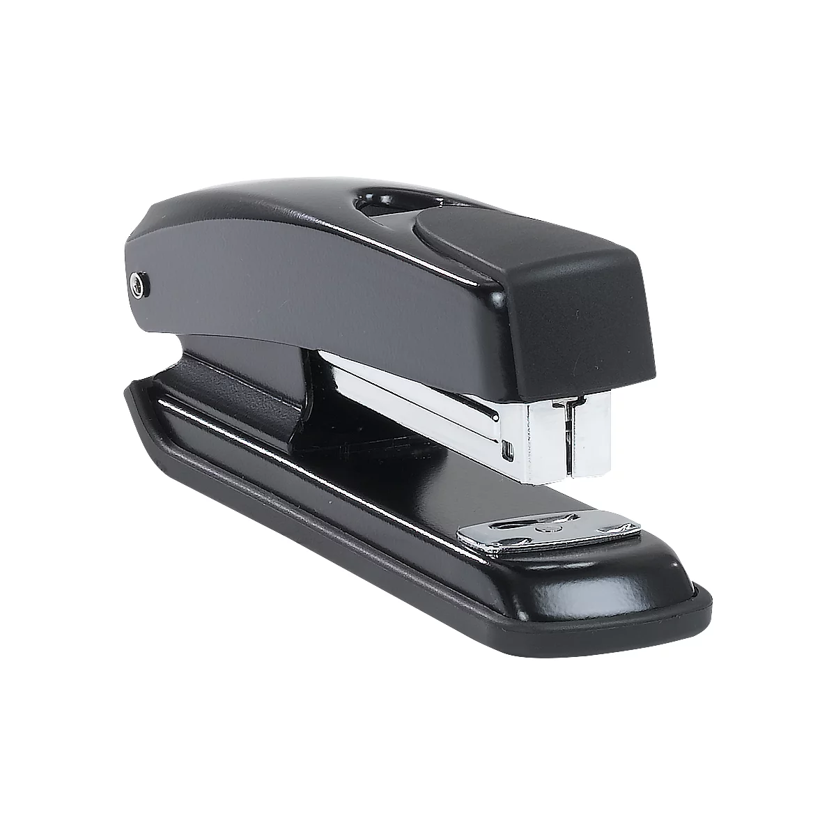 A black stapler. Metal staple mechanism below, black casing, polished surface. 